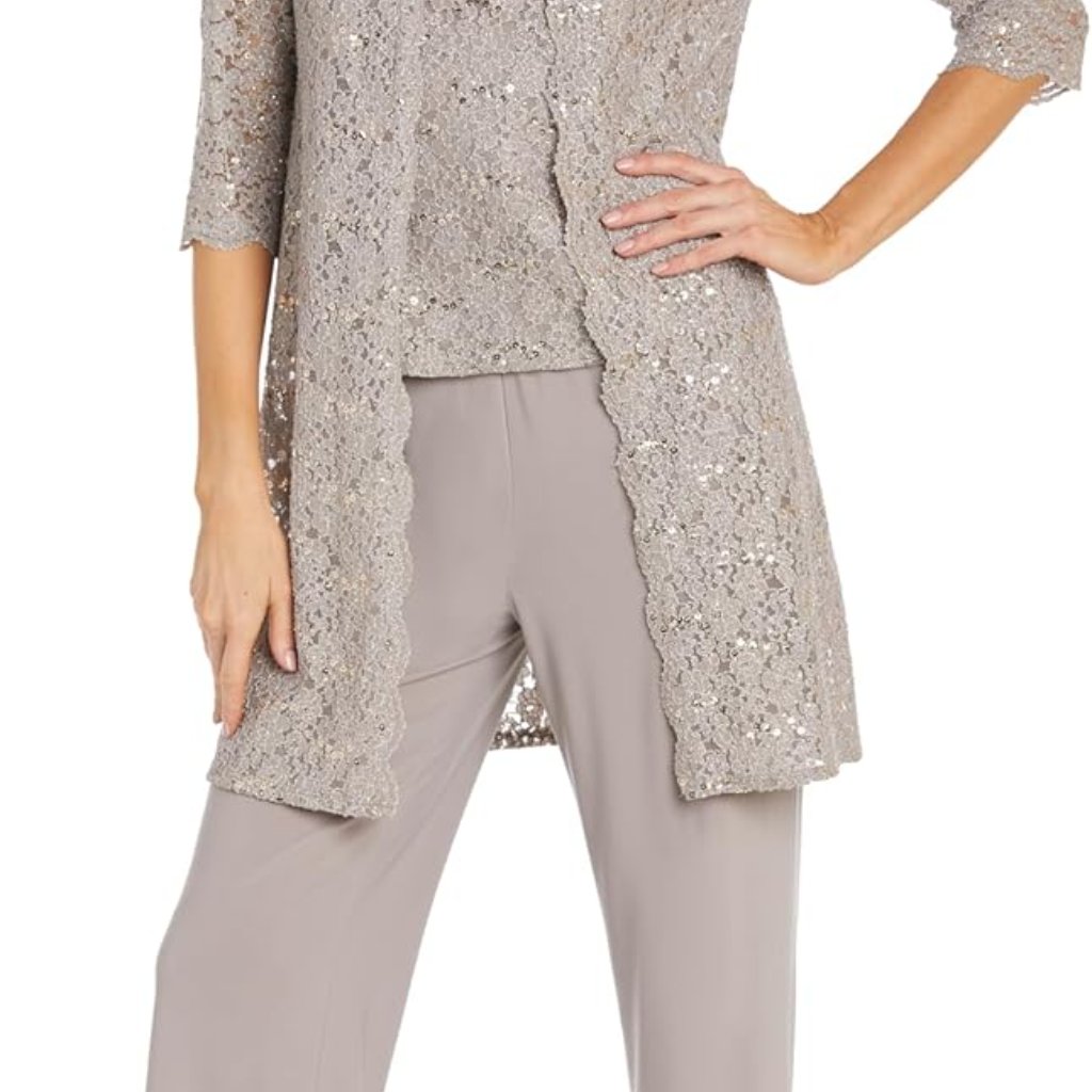 Women's 3-Piece Pearl Glow Lace Pant Set - Elegant Taupe Special Occasion Outfit